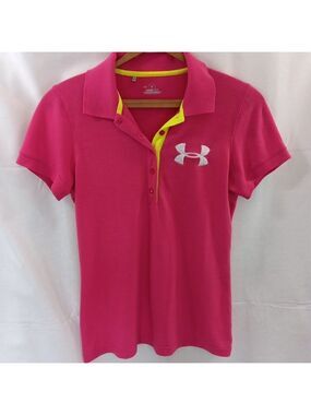 Medium Under Armour Logo Polo Shirt Womens Pink HeatGear Short Sleeve Collared